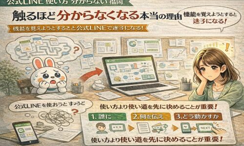 公式LINE 使い方 わからない 福岡で悩む事業者が、機能に迷いながらも使い道を整理し、考える順番の重要性に気づく状況を示している構成