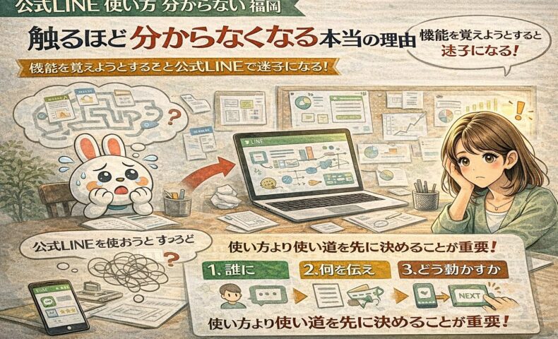公式LINE 使い方 わからない 福岡で悩む事業者が、機能に迷いながらも使い道を整理し、考える順番の重要性に気づく状況を示している構成