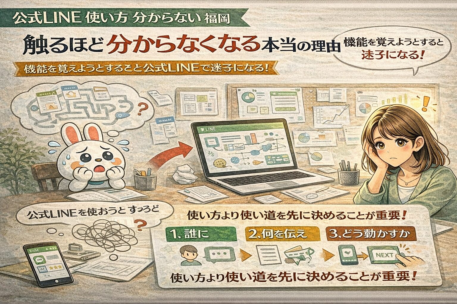 公式LINE 使い方 わからない 福岡で悩む事業者が、機能に迷いながらも使い道を整理し、考える順番の重要性に気づく状況を示している構成