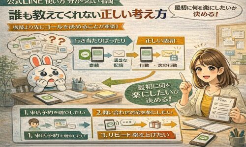 公式LINEの使い方が分からない福岡の事業者向けに、目的を先に決める設計思考と行動導線を整理し、迷わず使う考え方を示している構成図