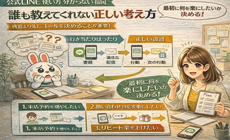 公式LINEの使い方が分からない福岡の事業者向けに、目的を先に決める設計思考と行動導線を整理し、迷わず使う考え方を示している構成図