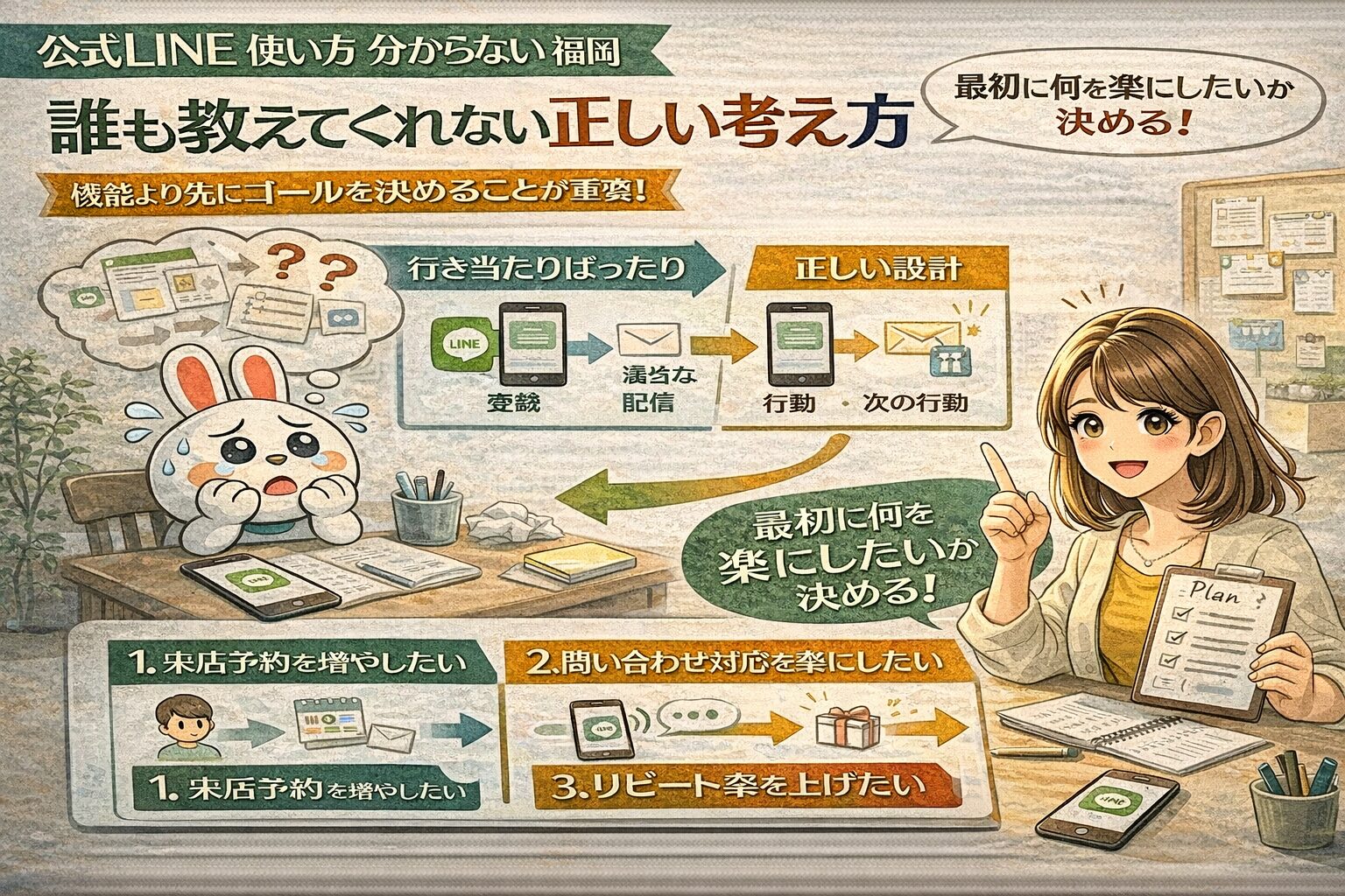 公式LINEの使い方が分からない福岡の事業者向けに、目的を先に決める設計思考と行動導線を整理し、迷わず使う考え方を示している構成図