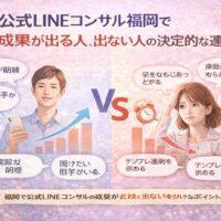 公式LINEコンサル福岡で成果が出る人と出ない人を左右に分け、目的の明確さや伴走姿勢の違いを対比して示した構成図