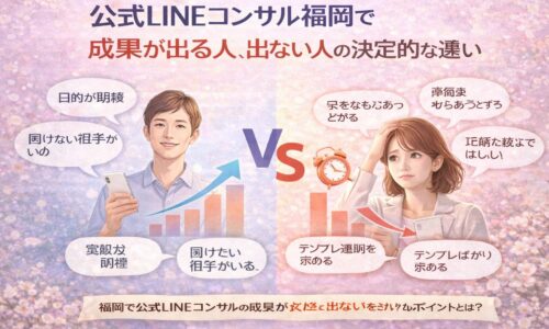 公式LINEコンサル福岡で成果が出る人と出ない人を左右に分け、目的の明確さや伴走姿勢の違いを対比して示した構成図