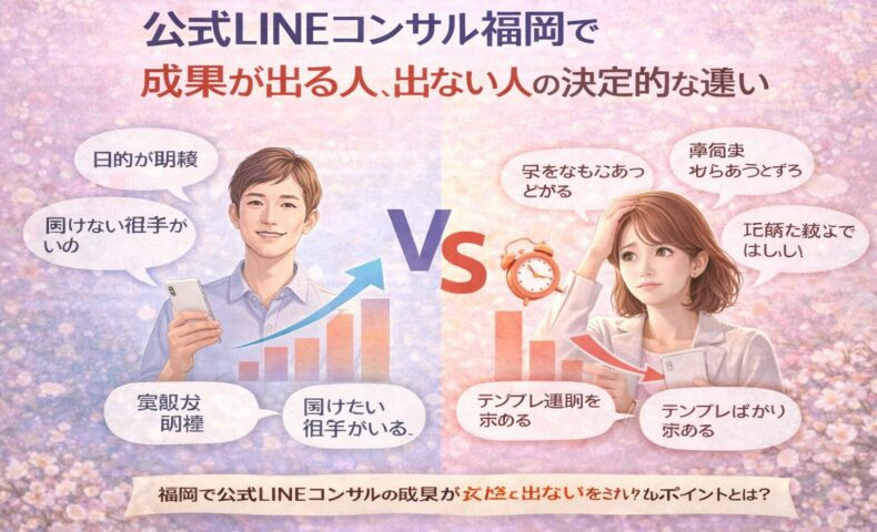 公式LINEコンサル福岡で成果が出る人と出ない人を左右に分け、目的の明確さや伴走姿勢の違いを対比して示した構成図