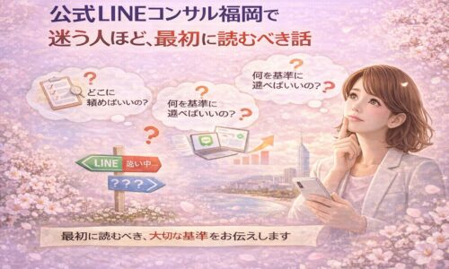 公式LINEコンサル福岡で迷う女性が、相談先や判断基準に悩みながらスマートフォンを見つめ、選び方を考えている様子を表現している