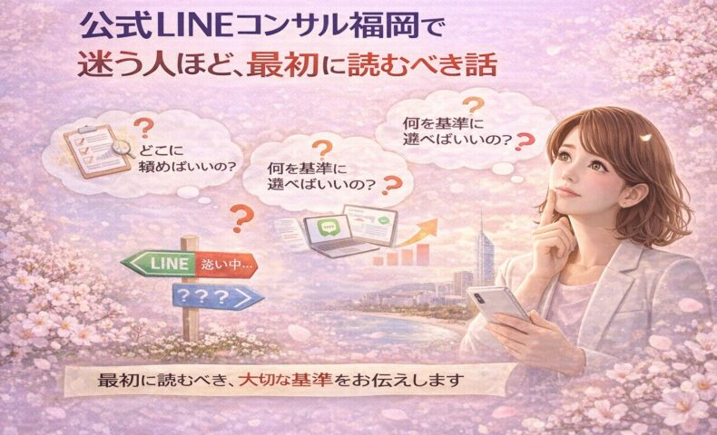 公式LINEコンサル福岡で迷う女性が、相談先や判断基準に悩みながらスマートフォンを見つめ、選び方を考えている様子を表現している