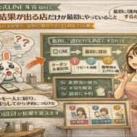 美容室で公式LINE集客に悩む福岡の店舗向けに、誰向けに設計するかを整理し、不安を減らして予約につなげる導線設計を示している構成図