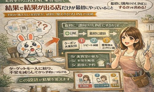 美容室で公式LINE集客に悩む福岡の店舗向けに、誰向けに設計するかを整理し、不安を減らして予約につなげる導線設計を示している構成図