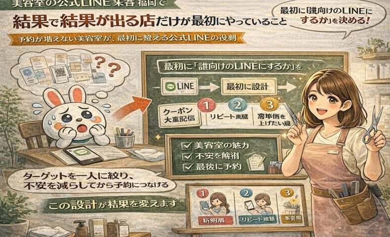 美容室で公式LINE集客に悩む福岡の店舗向けに、誰向けに設計するかを整理し、不安を減らして予約につなげる導線設計を示している構成図