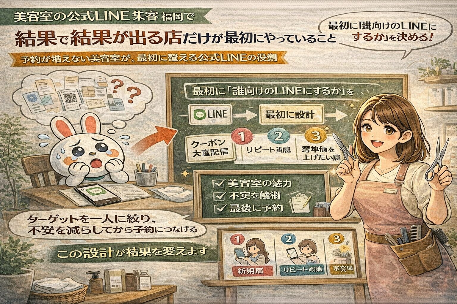 美容室で公式LINE集客に悩む福岡の店舗向けに、誰向けに設計するかを整理し、不安を減らして予約につなげる導線設計を示している構成図