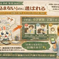 美容室の公式LINE集客において、福岡で売り込まず信頼を積み上げる考え方を、落ち着いた配色と人物の動きで示した構成
