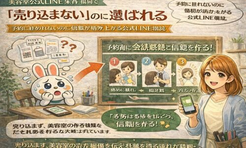 美容室の公式LINE集客において、福岡で売り込まず信頼を積み上げる考え方を、落ち着いた配色と人物の動きで示した構成