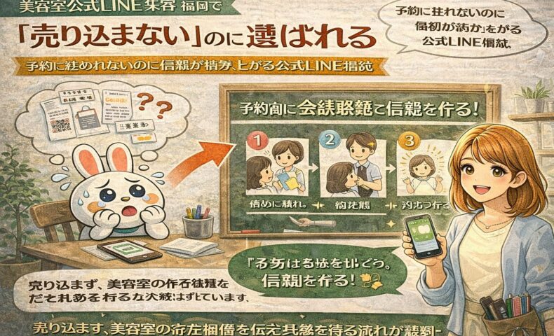 美容室の公式LINE集客において、福岡で売り込まず信頼を積み上げる考え方を、落ち着いた配色と人物の動きで示した構成