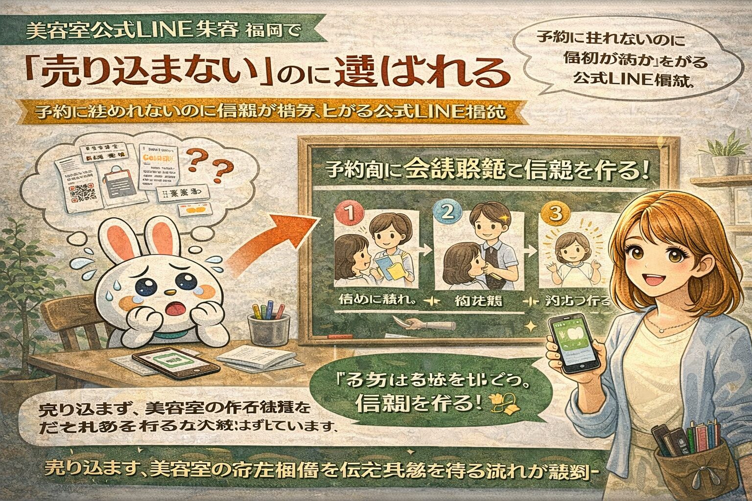 美容室の公式LINE集客において、福岡で売り込まず信頼を積み上げる考え方を、落ち着いた配色と人物の動きで示した構成