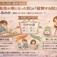整体院の公式LINE運用で福岡の院が疲弊する状態と集客が楽になる状態を、初期設計の違いとして対比し分かれ道で示している構図