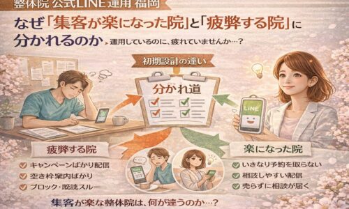 整体院の公式LINE運用で福岡の院が疲弊する状態と集客が楽になる状態を、初期設計の違いとして対比し分かれ道で示している構図