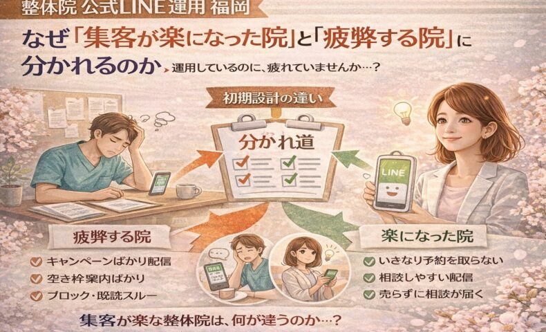 整体院の公式LINE運用で福岡の院が疲弊する状態と集客が楽になる状態を、初期設計の違いとして対比し分かれ道で示している構図