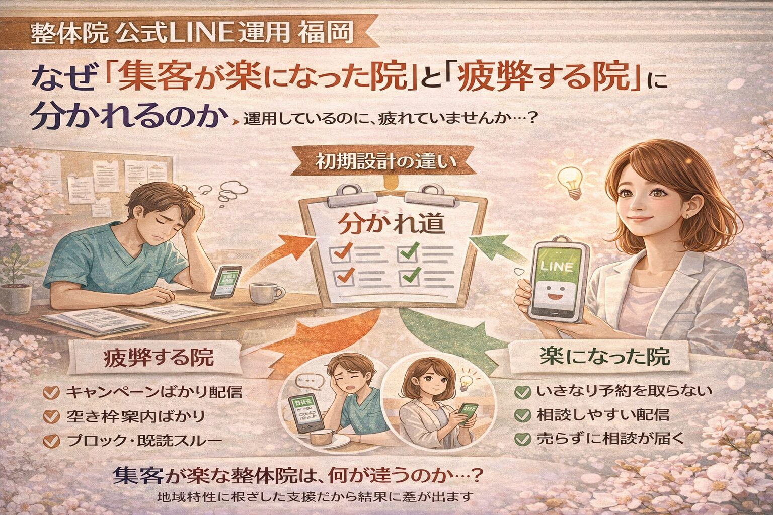 整体院の公式LINE運用で福岡の院が疲弊する状態と集客が楽になる状態を、初期設計の違いとして対比し分かれ道で示している構図