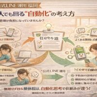 整体院 公式LINE 運用 福岡で、院長が手動対応に疲弊する状態と、自動化で負担が軽減され施術に集中できる対比構造を示した導線イメージ