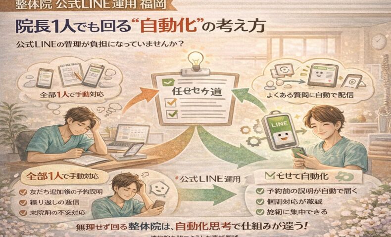 整体院 公式LINE 運用 福岡で、院長が手動対応に疲弊する状態と、自動化で負担が軽減され施術に集中できる対比構造を示した導線イメージ