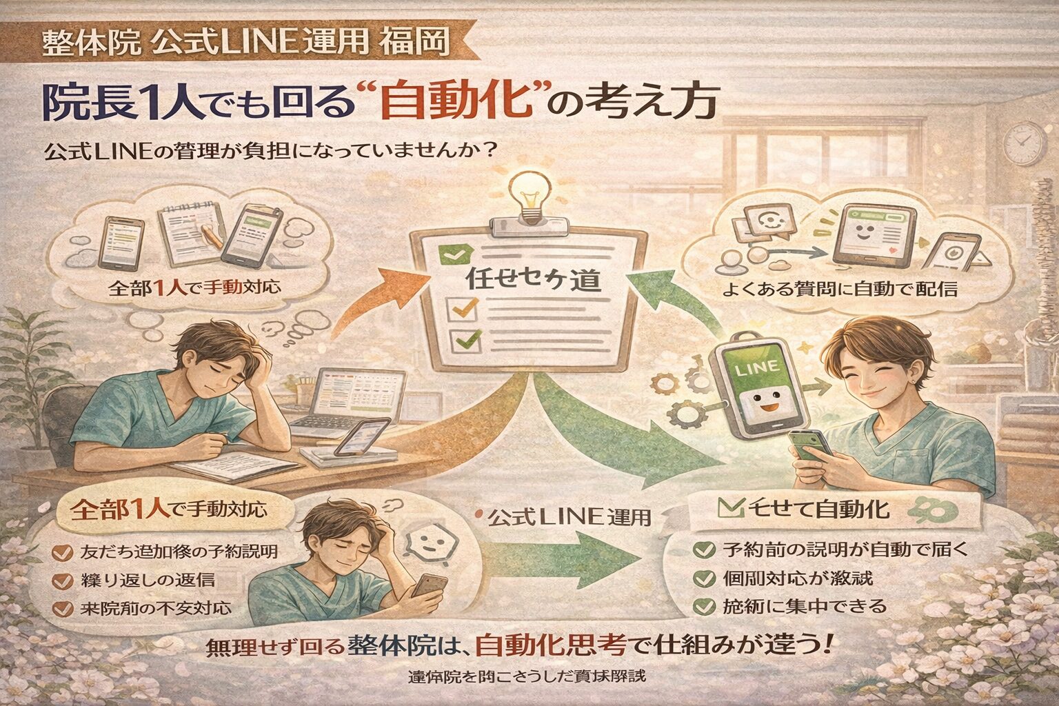 整体院 公式LINE 運用 福岡で、院長が手動対応に疲弊する状態と、自動化で負担が軽減され施術に集中できる対比構造を示した導線イメージ