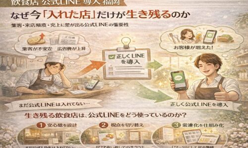 集客不安に悩む飲食店と、飲食店 公式LINE 導入 福岡で正しく設計し来店と売上が安定した店舗の対比を示し、導入の重要性を視覚的に伝えている構成