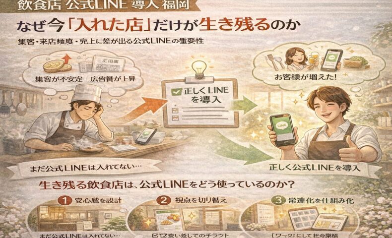 集客不安に悩む飲食店と、飲食店 公式LINE 導入 福岡で正しく設計し来店と売上が安定した店舗の対比を示し、導入の重要性を視覚的に伝えている構成