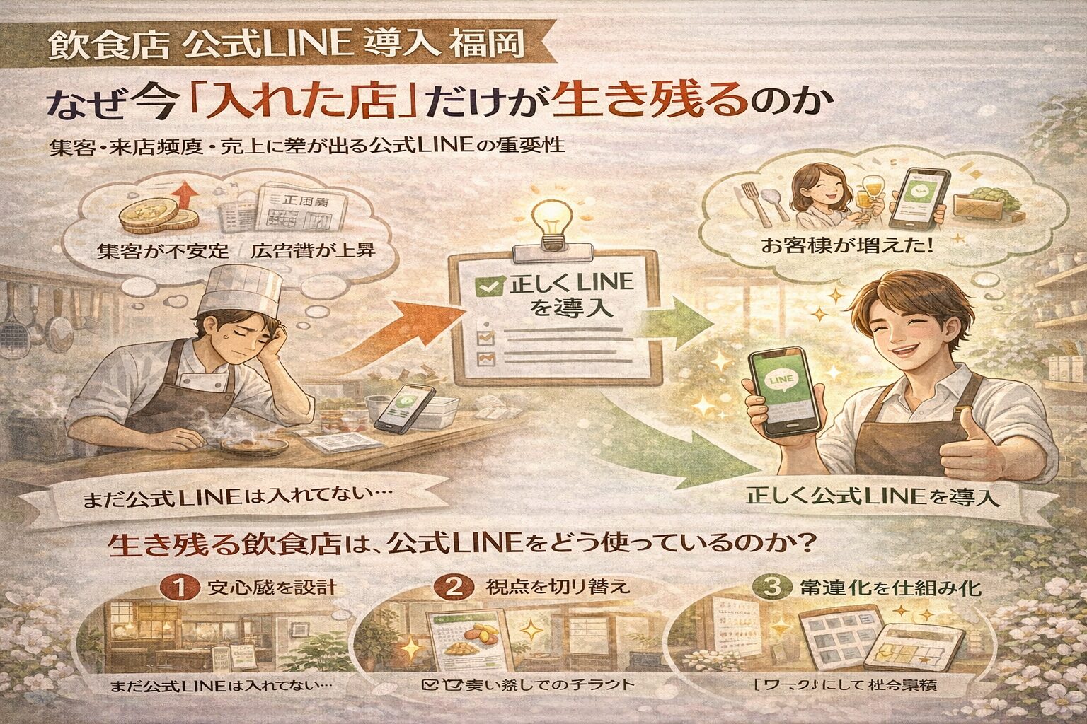 集客不安に悩む飲食店と、飲食店 公式LINE 導入 福岡で正しく設計し来店と売上が安定した店舗の対比を示し、導入の重要性を視覚的に伝えている構成