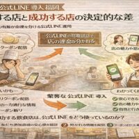 飲食店 公式LINE 導入 福岡における失敗店と成功店の違いを対比し、初期設計や配信内容の考え方が集客結果を左右する流れを示している