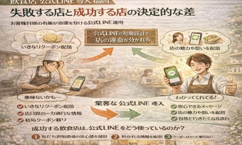 飲食店 公式LINE 導入 福岡における失敗店と成功店の違いを対比し、初期設計や配信内容の考え方が集客結果を左右する流れを示している