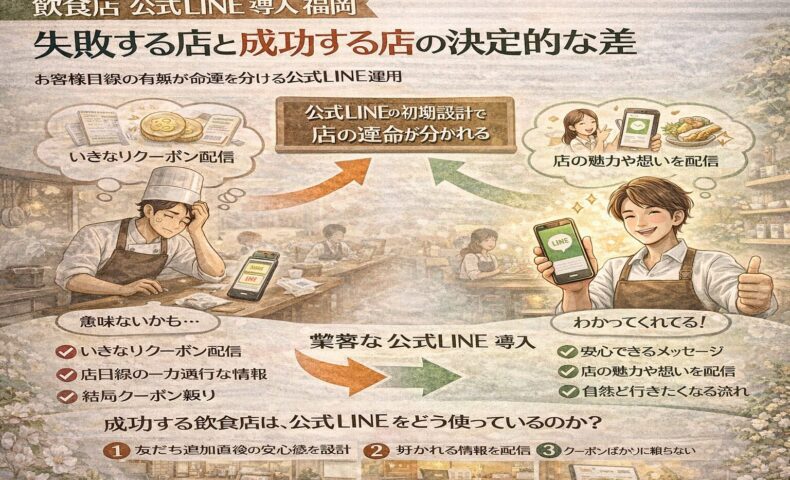 飲食店 公式LINE 導入 福岡における失敗店と成功店の違いを対比し、初期設計や配信内容の考え方が集客結果を左右する流れを示している