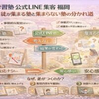 学習塾 公式LINE 集客 福岡において、生徒が集まらない塾と集まる塾の違いを、配信内容と考え方の分かれ道として対比的に示している構成