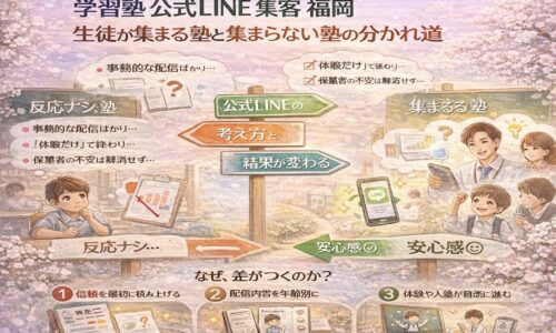 学習塾 公式LINE 集客 福岡において、生徒が集まらない塾と集まる塾の違いを、配信内容と考え方の分かれ道として対比的に示している構成