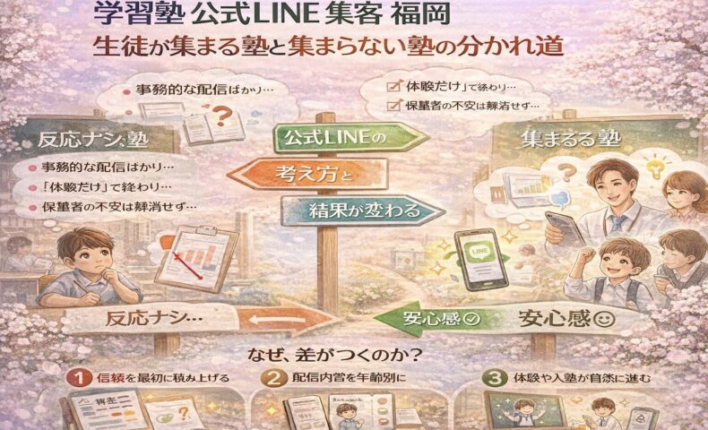 学習塾 公式LINE 集客 福岡において、生徒が集まらない塾と集まる塾の違いを、配信内容と考え方の分かれ道として対比的に示している構成