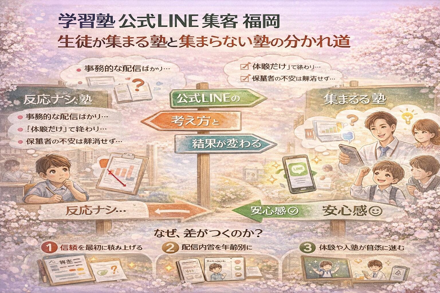 学習塾 公式LINE 集客 福岡において、生徒が集まらない塾と集まる塾の違いを、配信内容と考え方の分かれ道として対比的に示している構成