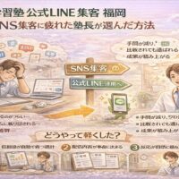 SNS集客に疲れた学習塾の塾長が、公式LINEへ切り替えることで負担を減らし成果を積み上げる流れを示す構成。学習塾 公式LINE 集客 福岡の考え方を視覚化している。