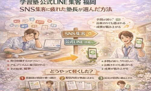 SNS集客に疲れた学習塾の塾長が、公式LINEへ切り替えることで負担を減らし成果を積み上げる流れを示す構成。学習塾 公式LINE 集客 福岡の考え方を視覚化している。