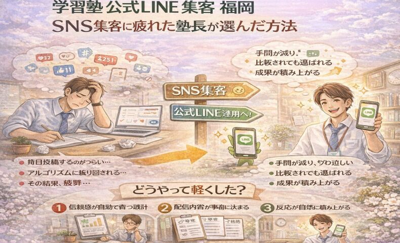 SNS集客に疲れた学習塾の塾長が、公式LINEへ切り替えることで負担を減らし成果を積み上げる流れを示す構成。学習塾 公式LINE 集客 福岡の考え方を視覚化している。