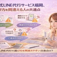 公式LINE代行サービス福岡を検討し、構築後の運用や成果への不安を感じながら判断基準を考える女性の様子を表現したビジュアル