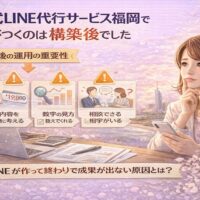 福岡の街並みを背景に、公式LINE代行サービス福岡における構築後の運用や相談体制、数字の見方が成果を左右することを示した構成図