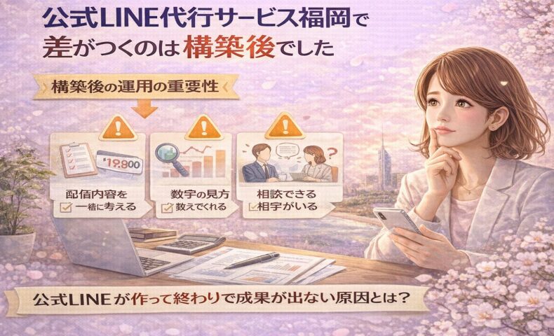 福岡の街並みを背景に、公式LINE代行サービス福岡における構築後の運用や相談体制、数字の見方が成果を左右することを示した構成図