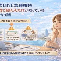 スマートフォンを手に考える女性と、配信頻度や距離感を示す要素から、公式LINE友達維持を福岡で実現するための設計思考を表現しているビジュアル