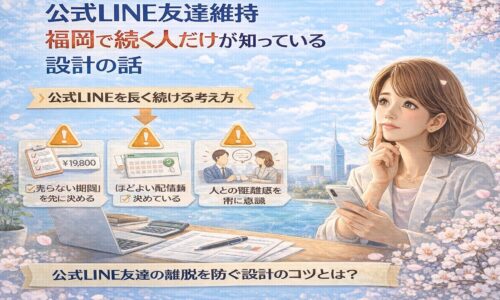 スマートフォンを手に考える女性と、配信頻度や距離感を示す要素から、公式LINE友達維持を福岡で実現するための設計思考を表現しているビジュアル