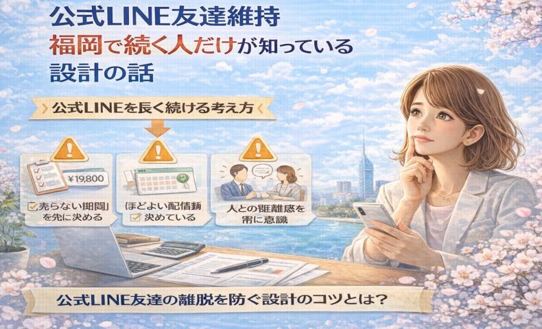 スマートフォンを手に考える女性と、配信頻度や距離感を示す要素から、公式LINE友達維持を福岡で実現するための設計思考を表現しているビジュアル