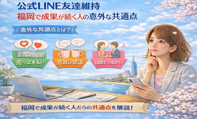福岡の街を背景に、公式LINEの友達維持について考える女性と、売り込みしない姿勢や会話重視の設計を示す要素が配置され、公式LINE 友達 維持 福岡の考え方を視覚的に伝えている