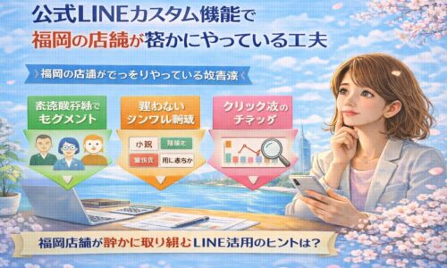 公式LINEカスタム機能を活用し、福岡の店舗が動線整理や行動別セグメント、クリック計測で成果を出す運用設計の全体像を示す構成