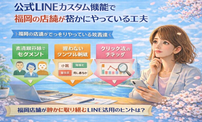 公式LINEカスタム機能を活用し、福岡の店舗が動線整理や行動別セグメント、クリック計測で成果を出す運用設計の全体像を示す構成