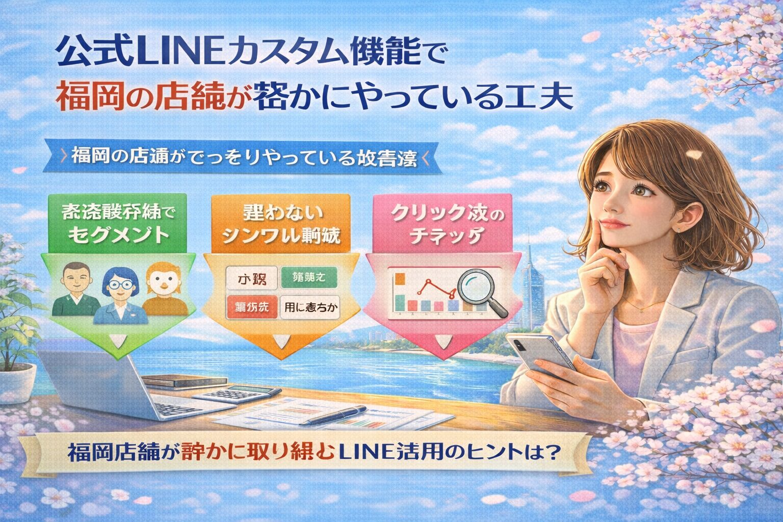 公式LINEカスタム機能を活用し、福岡の店舗が動線整理や行動別セグメント、クリック計測で成果を出す運用設計の全体像を示す構成