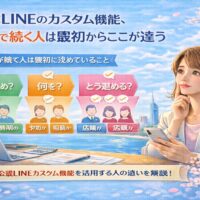 公式LINEカスタム機能を福岡で活用するために、誰に何をどう届けるかを整理し、最初の設計を考える女性の様子と判断フローを示している